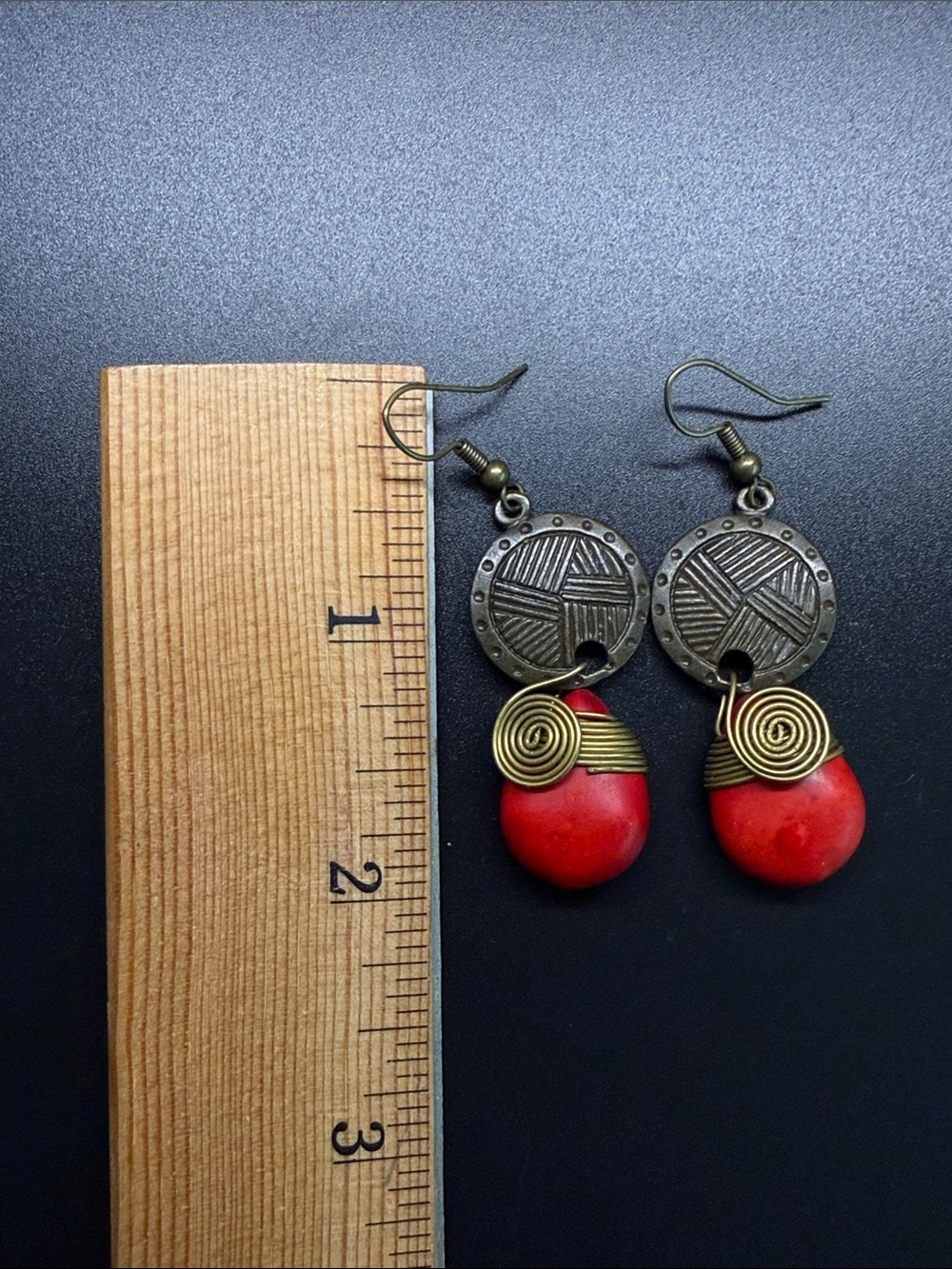 Thai Red Faux Stone Spiral Drop Earrings - Picture 2 of 3